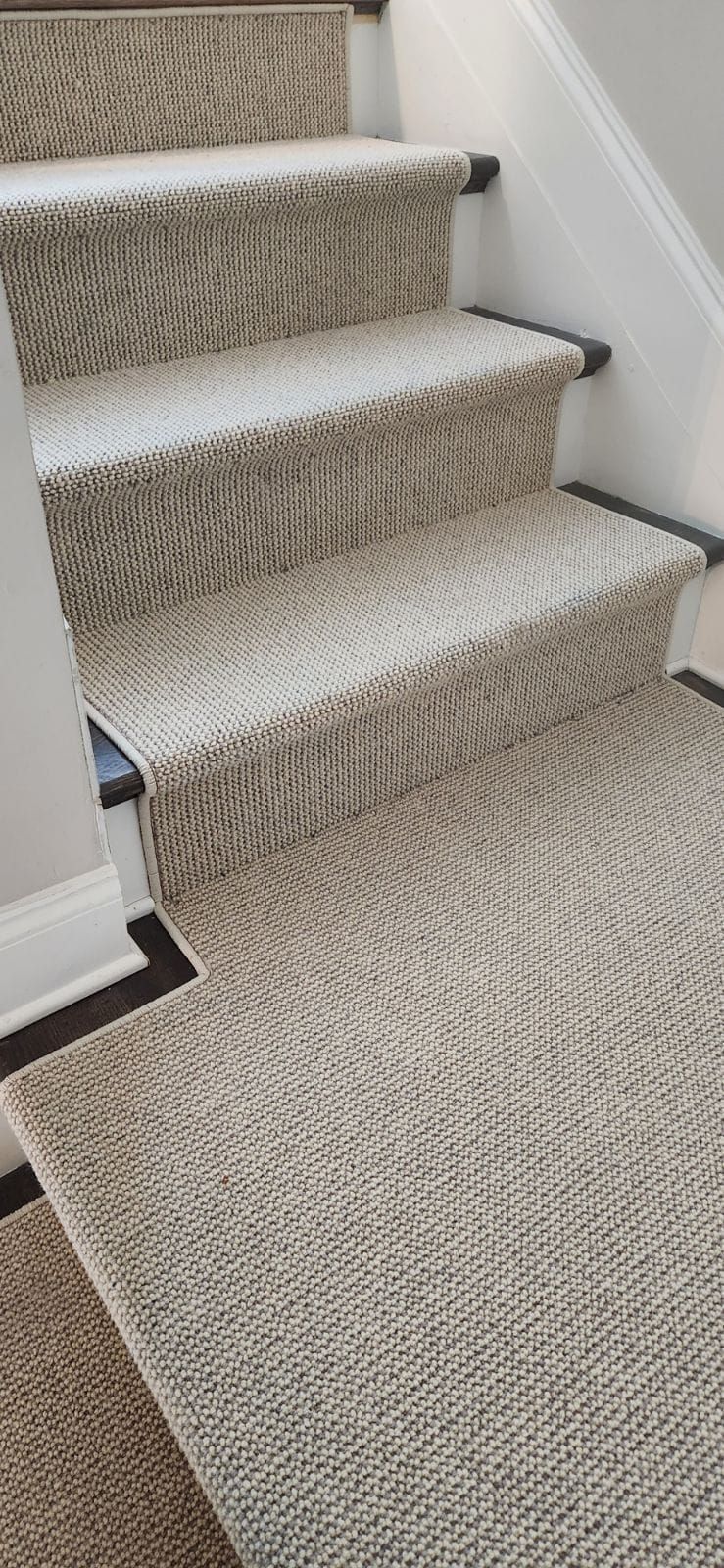 Beige carpeted staircase with dark trim.