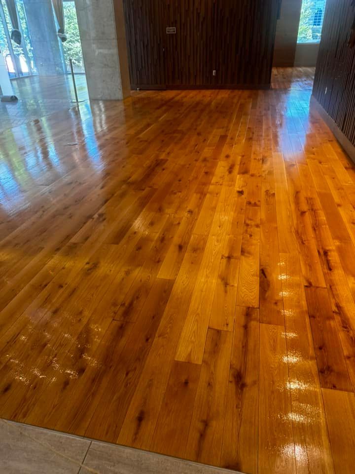 Shiny wooden floor in a room, with sunlight reflecting off the polished surface.
