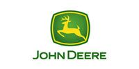 John Deere logo, green shield with yellow deer, below, 