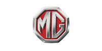 MG car logo. Silver octagonal border with red background and 