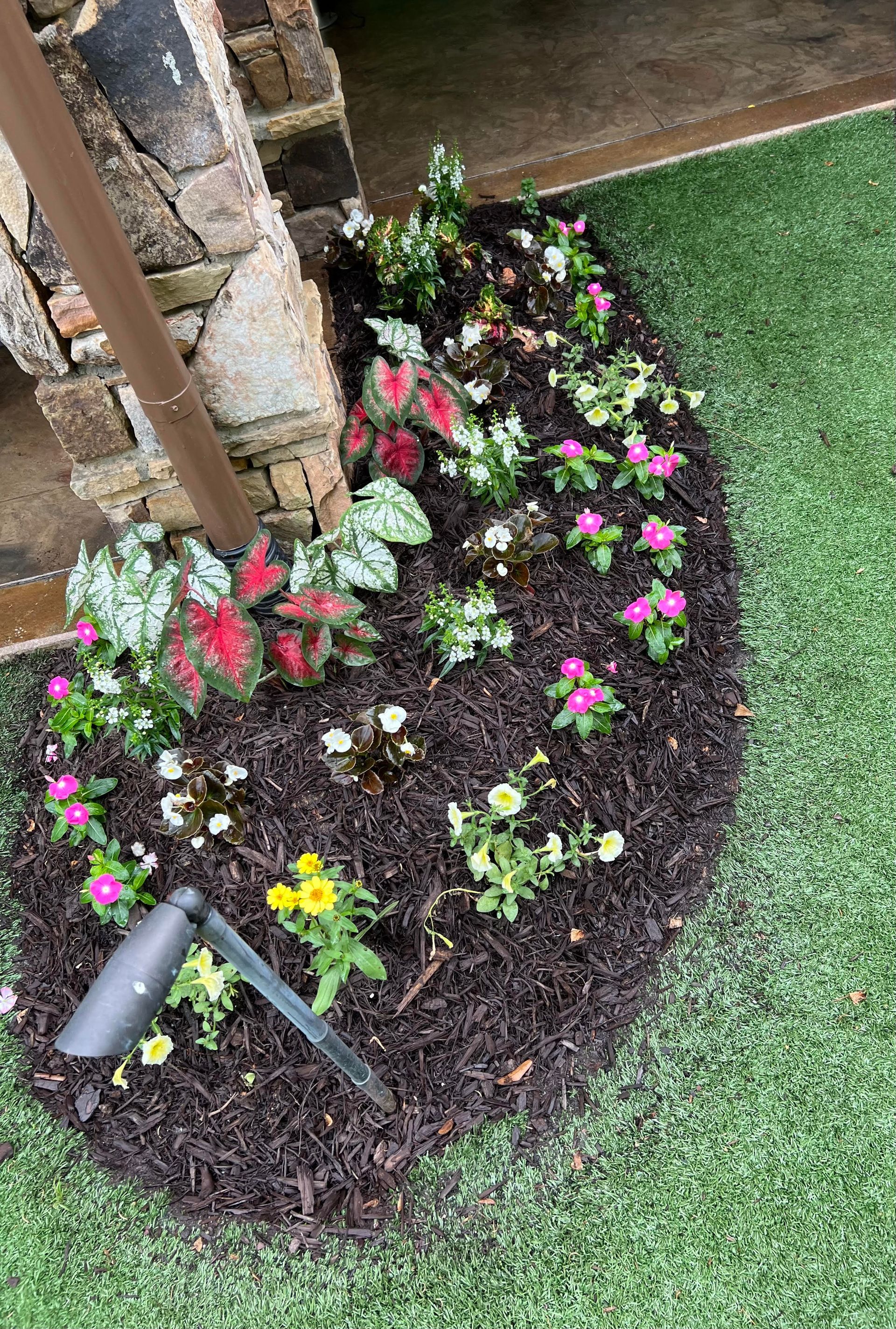 A bunch of flowers are growing in a garden next to a stone wall.