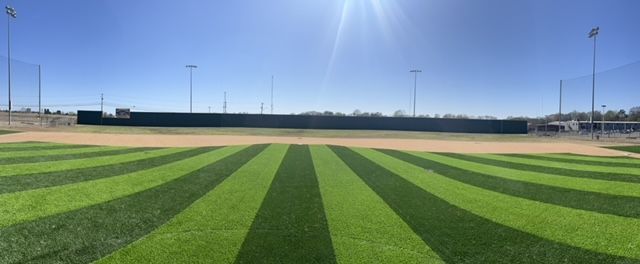 a baseball field with a lot of grass and a blue sky in the background .
