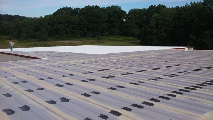 Flat rooftop with rows of dark vent caps and white surface, bordered by trees under a blue sky