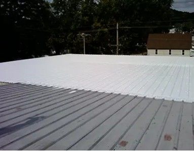 White and gray corrugated metal roof on a building, viewed from above with trees in the background