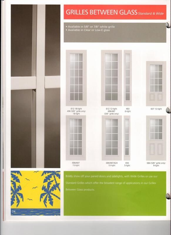 A brochure for grilles between glass shows different types of doors.