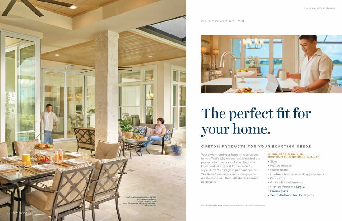 A man is cooking in a kitchen in a brochure for a home.