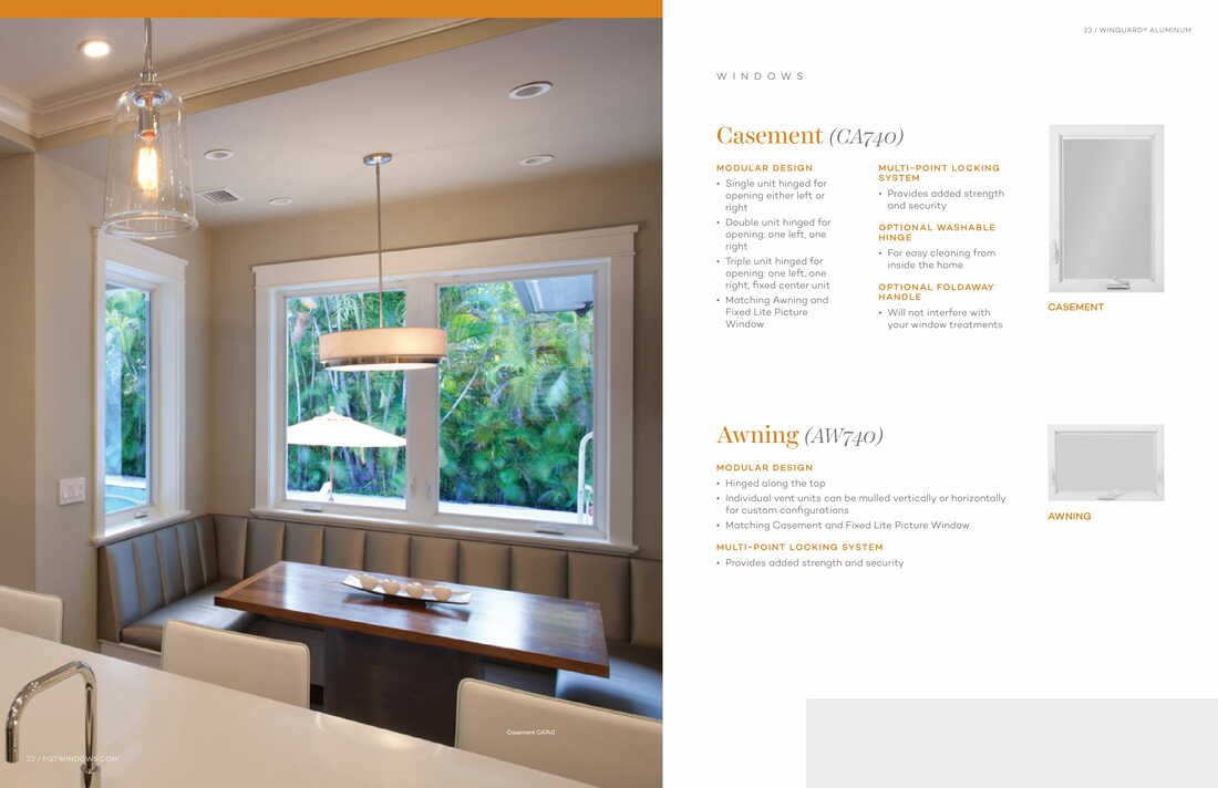 A brochure for a dining room with a table and chairs.