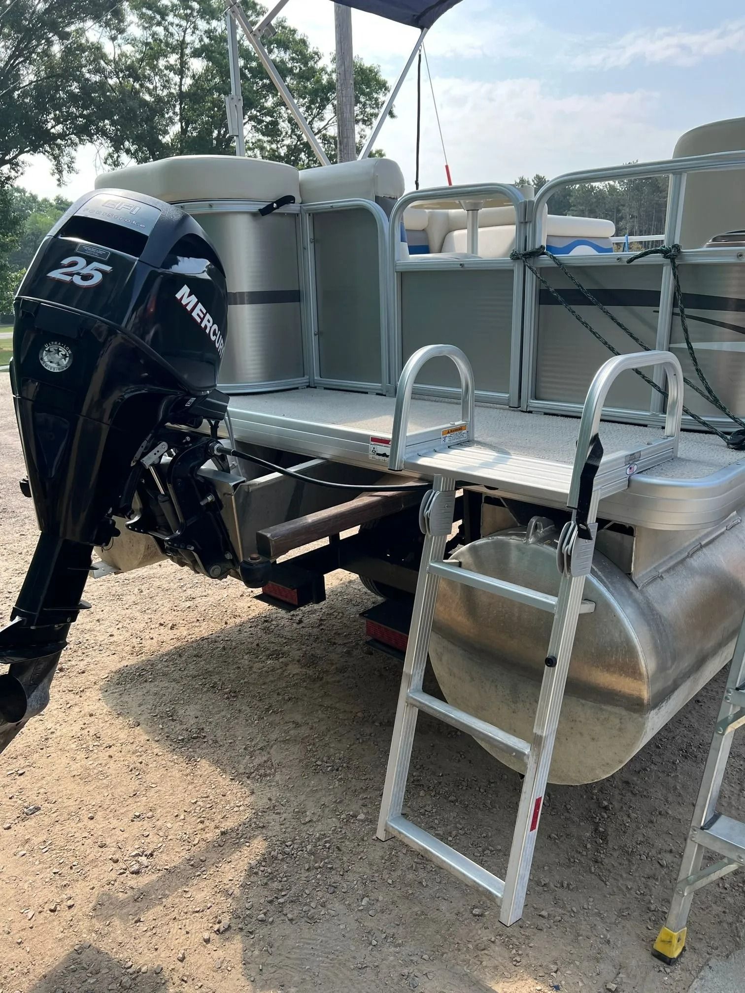 Pontoon boat with black outboard motor, aluminum ladder, and covered seating on a sandy shoreline