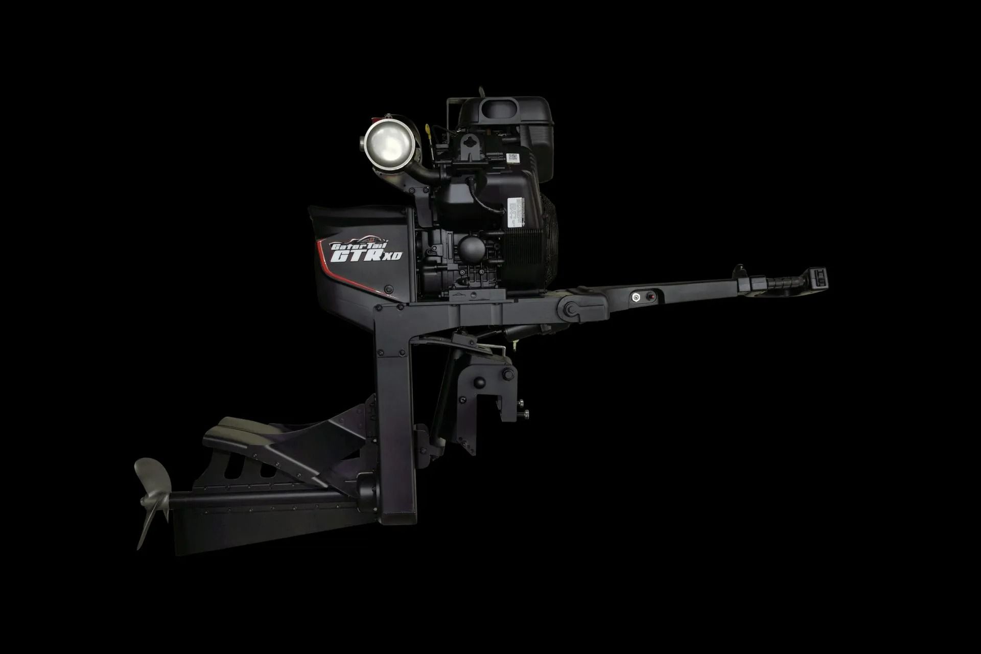 Black adjustable exercise machine with padded seat and arm attachment on a dark background