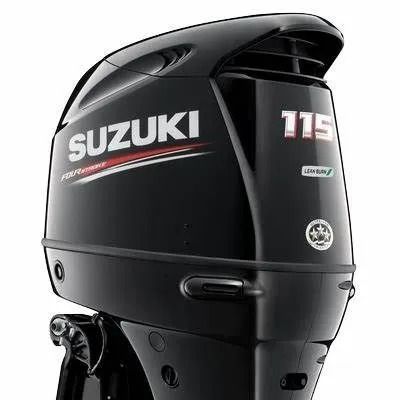 Black Suzuki 115 outboard motor on a white background