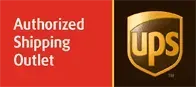Authorized Shipping Outlet sign with UPS logo on red and gold background