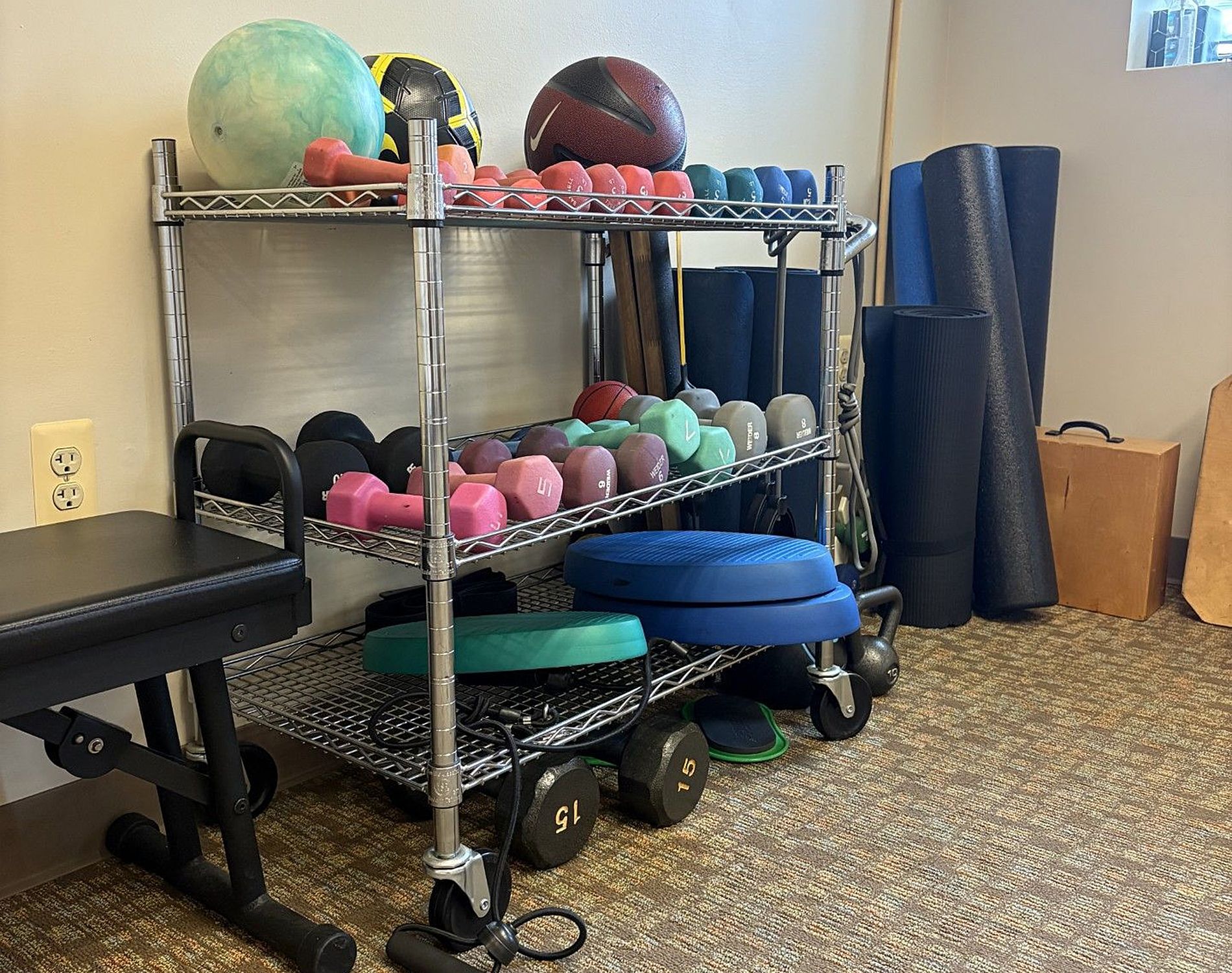 Gym rack with medicine balls, exercise balls, and foam rollers on wheels in a fitness room.