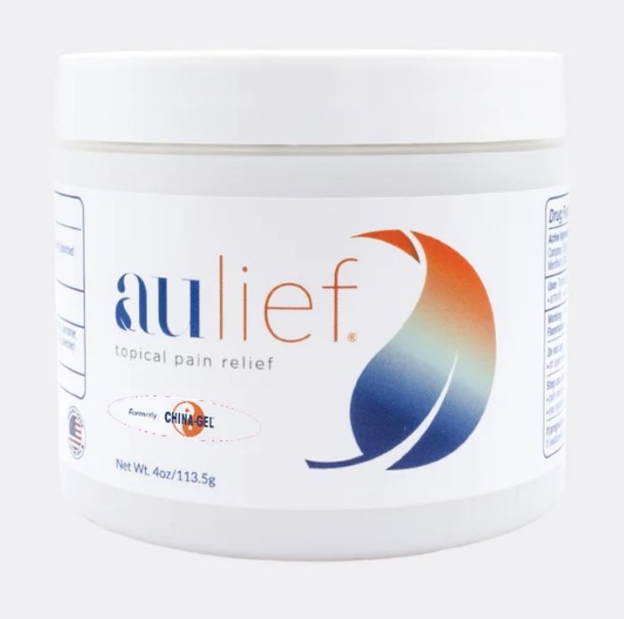 Aulief topical pain relief cream jar with white label and blue-orange logo.