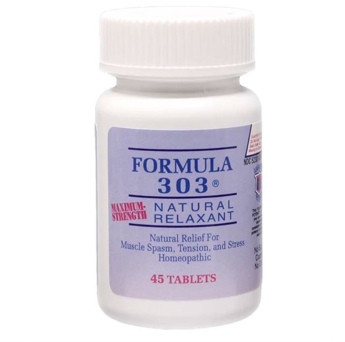 White bottle of Formula 303 Natural Relaxant tablets with blue label and white cap.