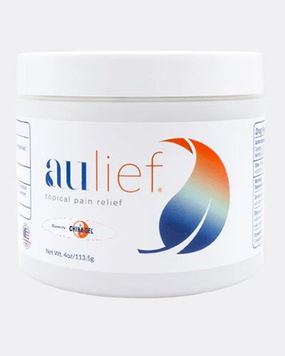 White jar of Anlief topical pain relief cream with blue and orange logo on a white background.