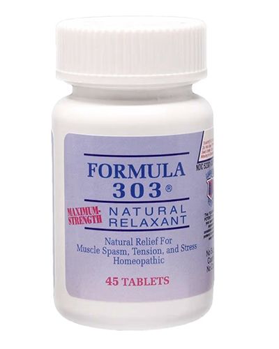 White bottle of Formula 303 Natural Relaxant tablets with purple label and white cap.