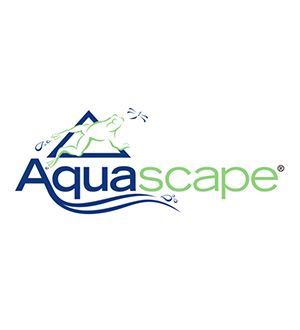 Aquascape logo with blue and green text and a stylized mountain and water design