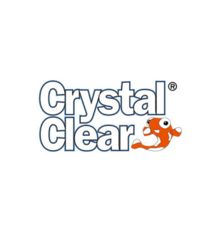 Crystal Clear logo with an orange cartoon fish on a white background