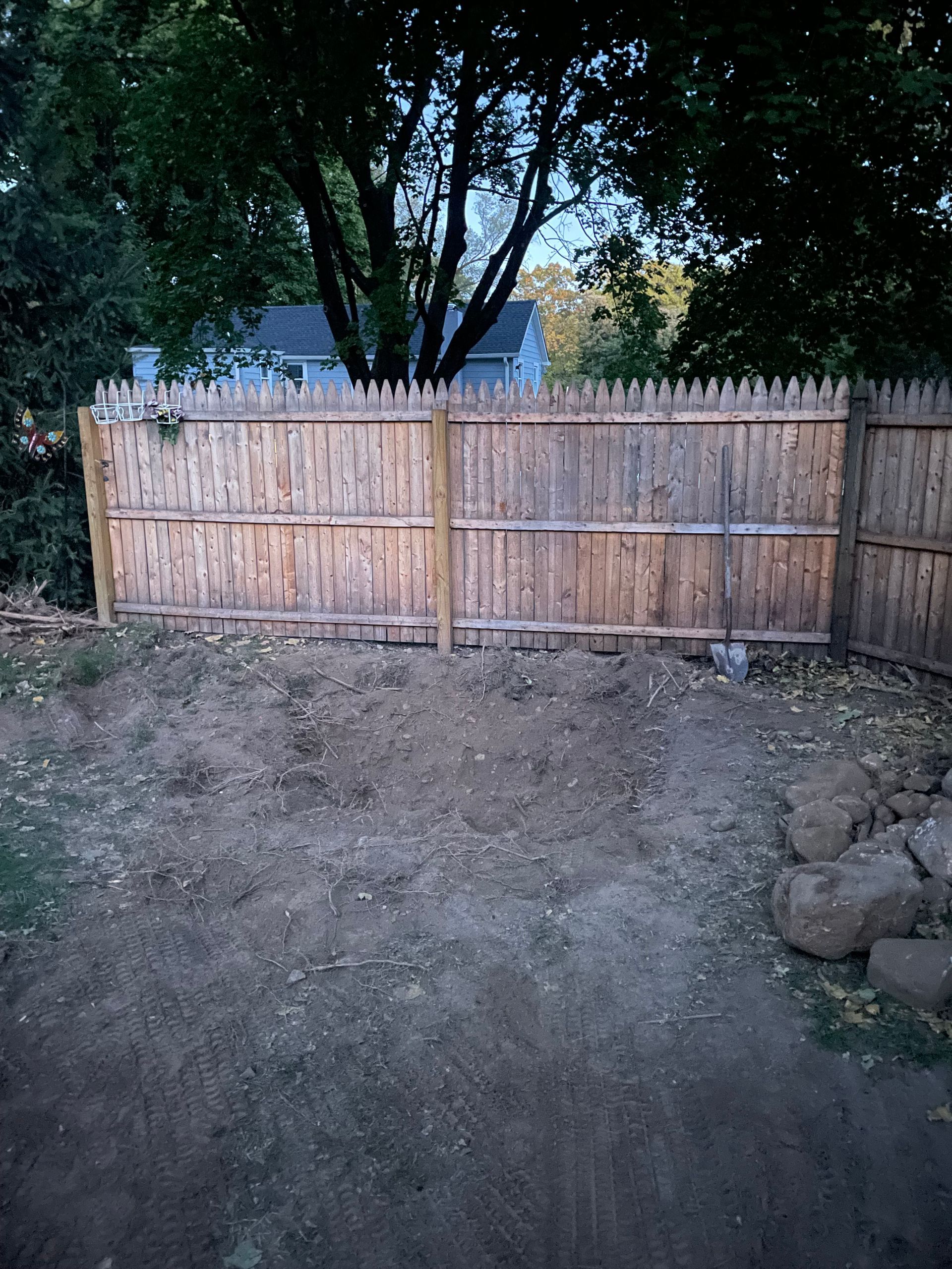 Dirt yard with a bamboo fence and trees at dusk, with a house partially visible behind the fence