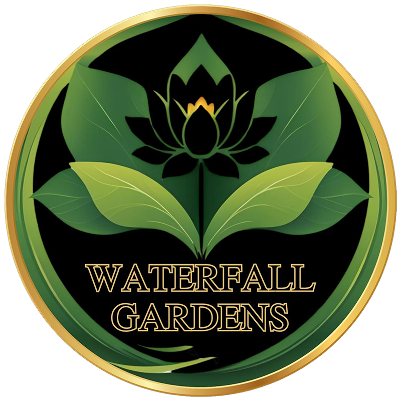 Waterfall Gardens logo with green leaves, a lotus flower, and gold circular border