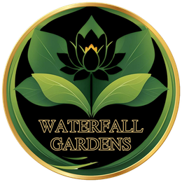 Waterfall Gardens logo with green leaves, a lotus flower, and gold circular border