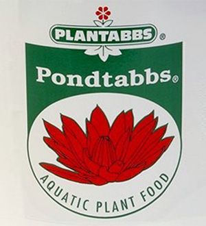 Plantabbs Pondtabs aquatic plant food label with red water lily on green and white background