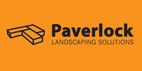 Logo for Paverlock Landscaping Solutions featuring a brick design and text on an orange background.