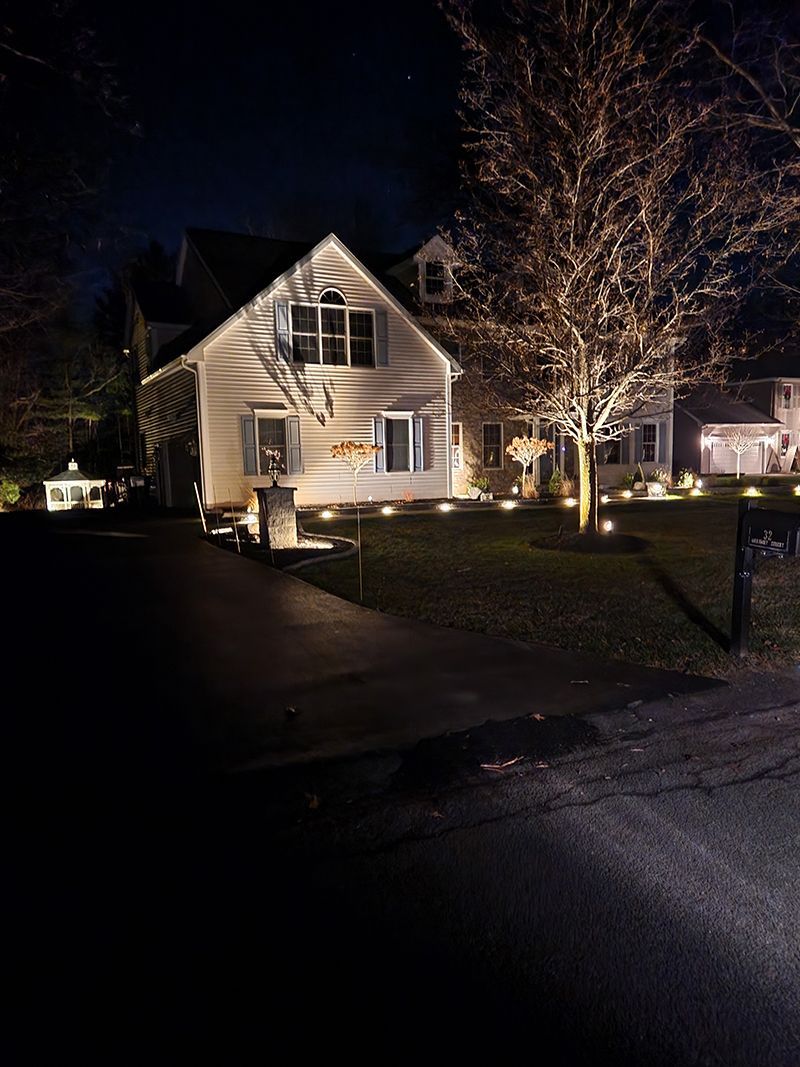 House illuminated at night with landscape lighting. Dark driveway leads to the house, lit by spotlights and lamps.
