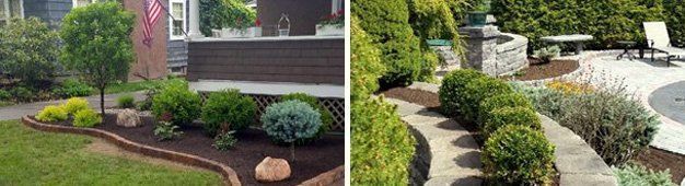 Two landscaping scenes with green shrubs, mulch, and stone paths.