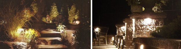 Two outdoor scenes lit at night: steps in a garden and a stone wall with lit lights.