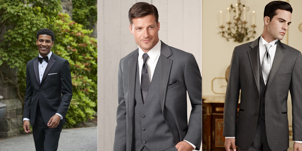 Three men in dark suits posing in formal indoor and outdoor settings.
