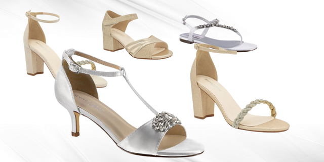 Assortment of women’s heeled sandals in beige, silver, and gold on a white background