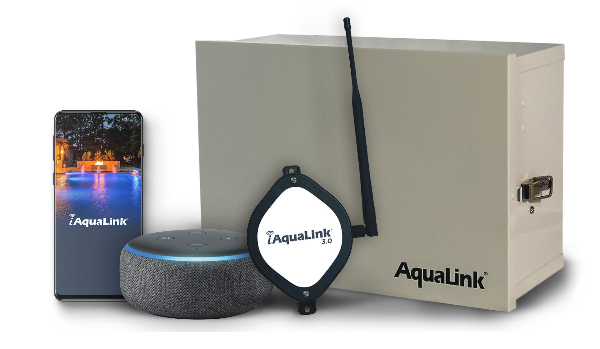 Smart home devices and packaging: Aqualink speaker, phone, hub, and boxed equipment on a white background