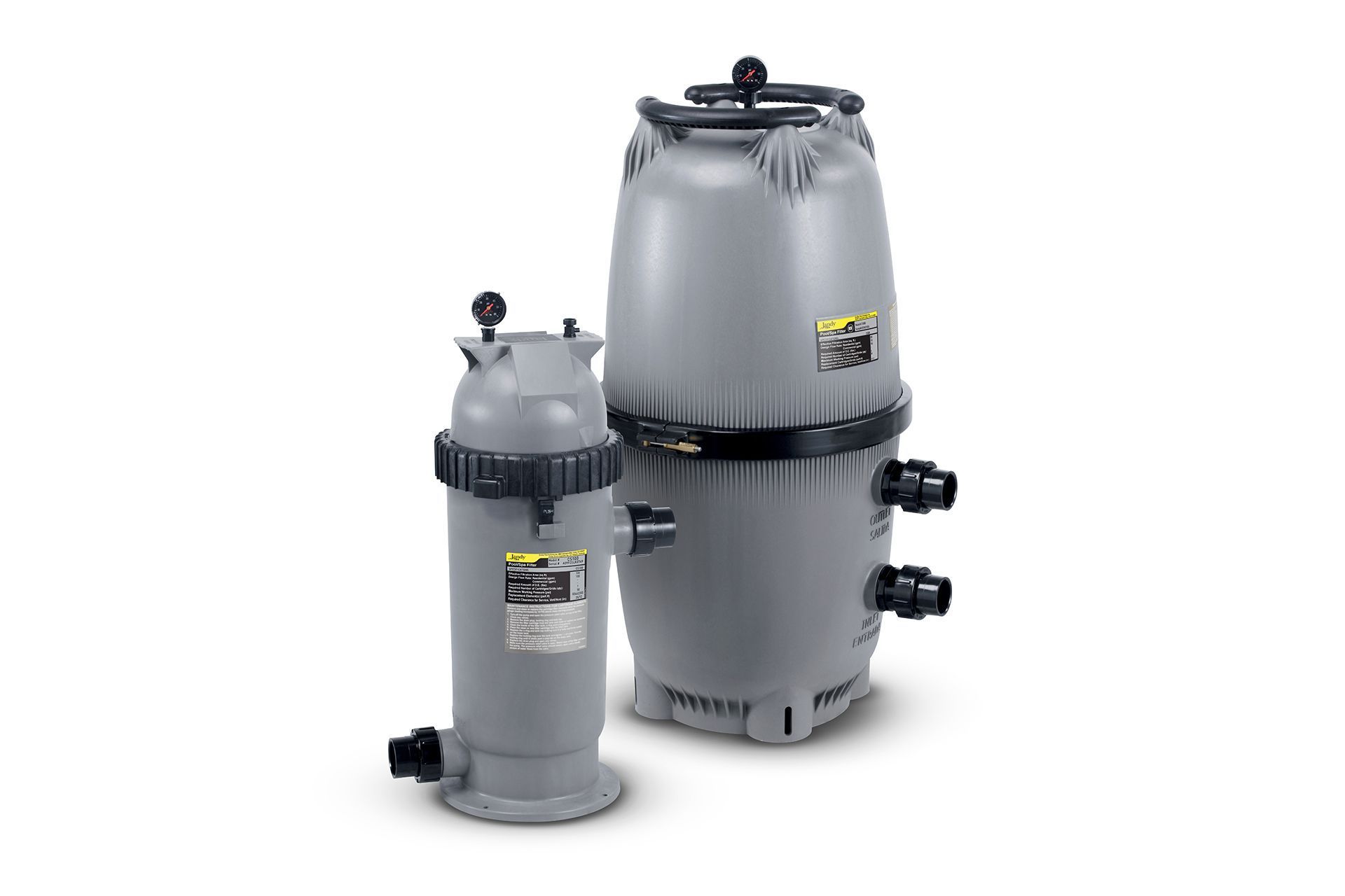 Two gray industrial tanks with black valves on a white background