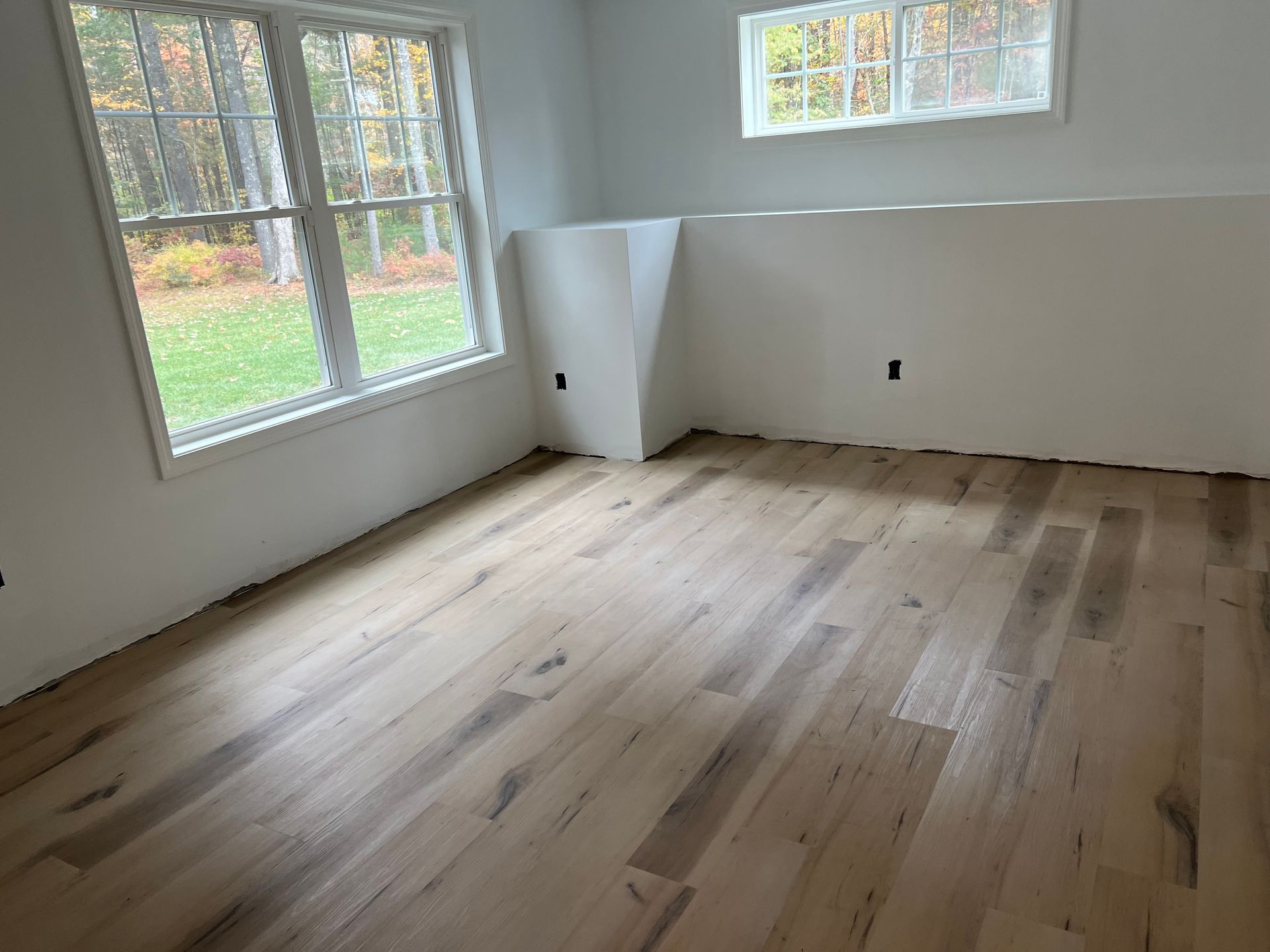 Room with light hardwood floor, white walls, two windows with a view of fall foliage.