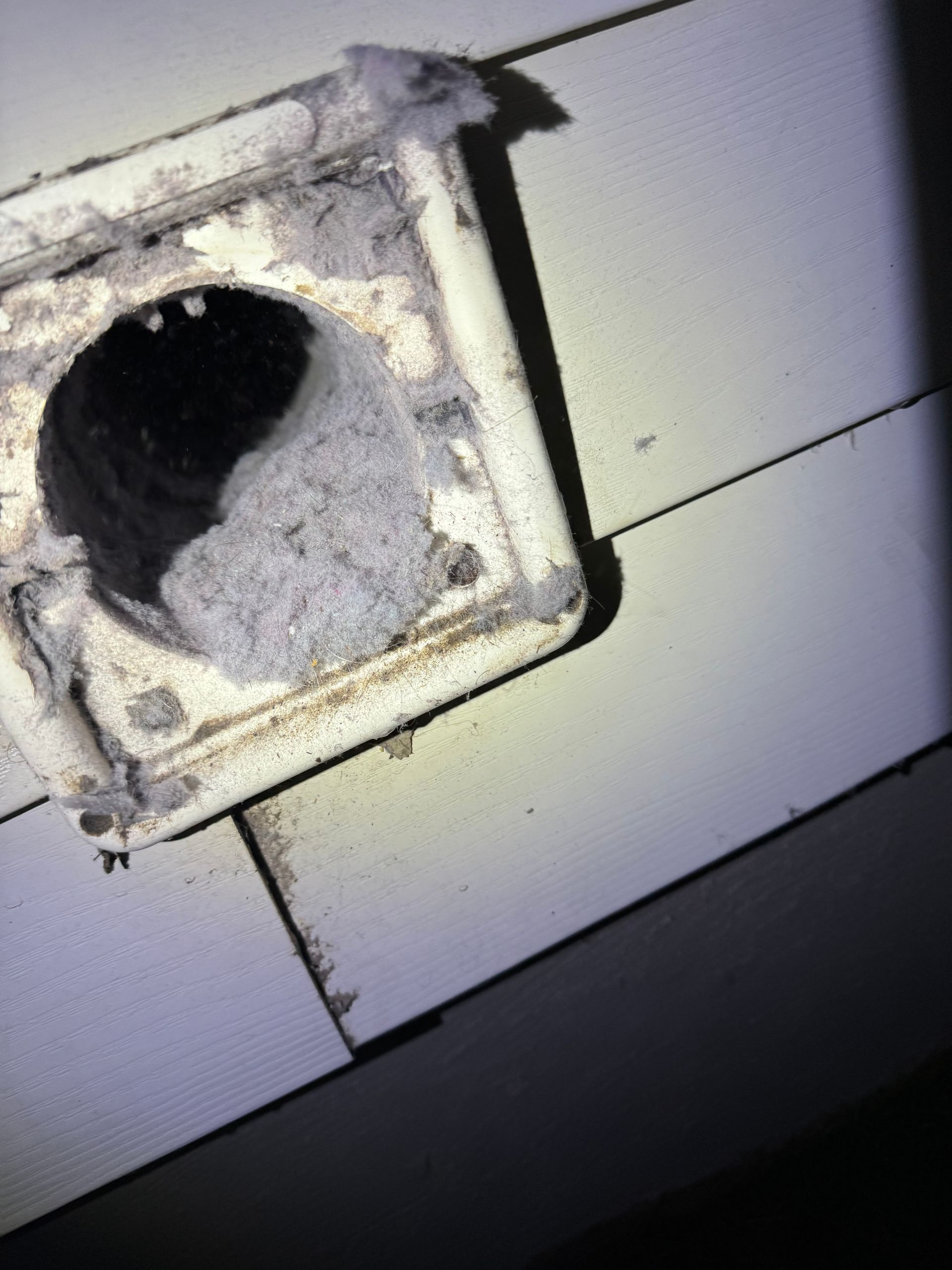 Close-up of a white dryer vent on siding, clogged with lint.