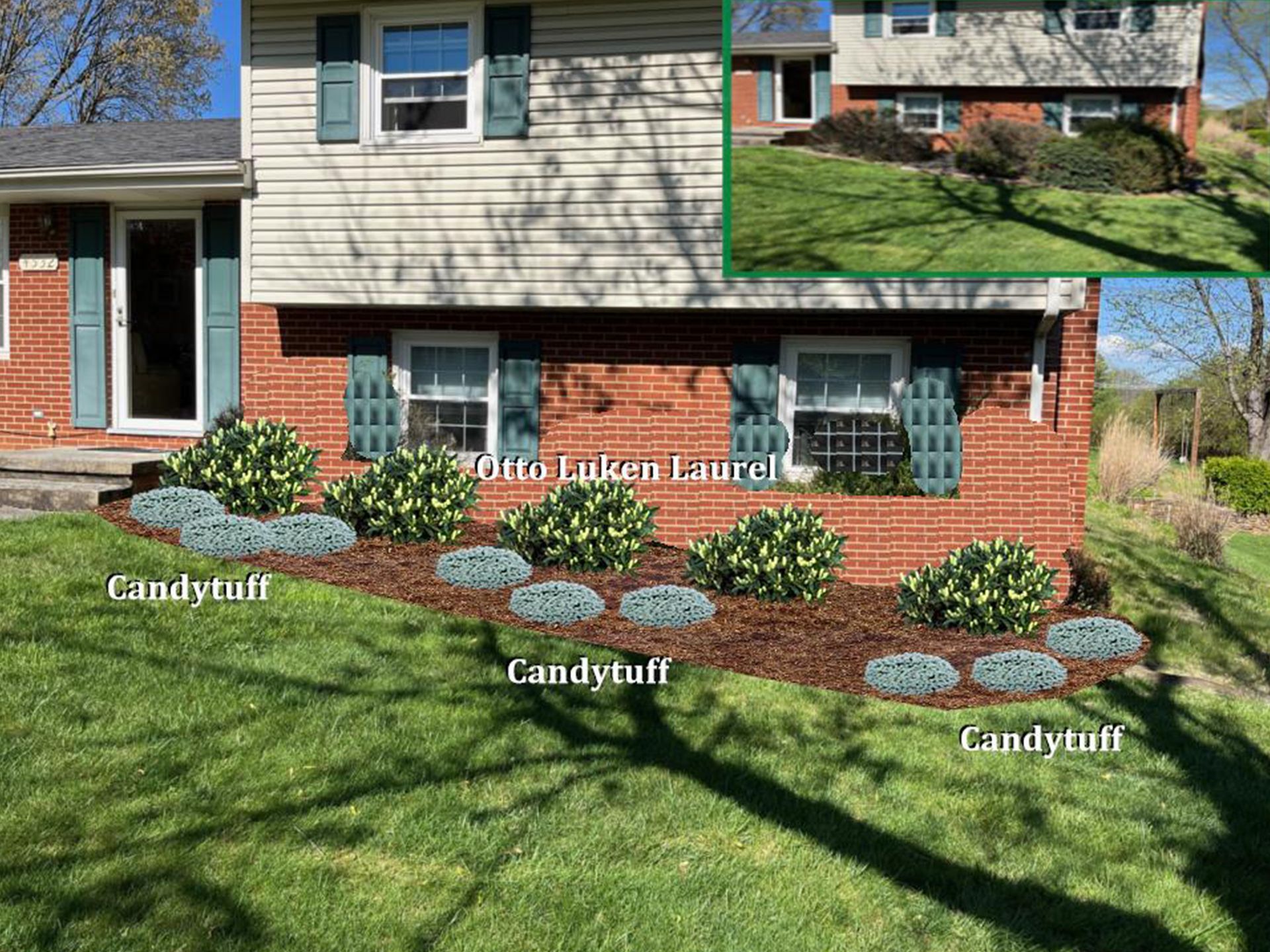 A before and after picture of a house with a garden in front of it.