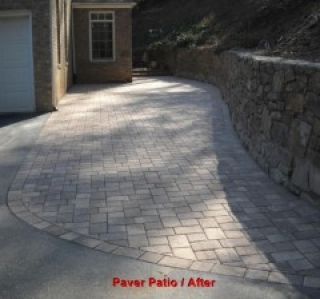 A picture of a paver patio before and after
