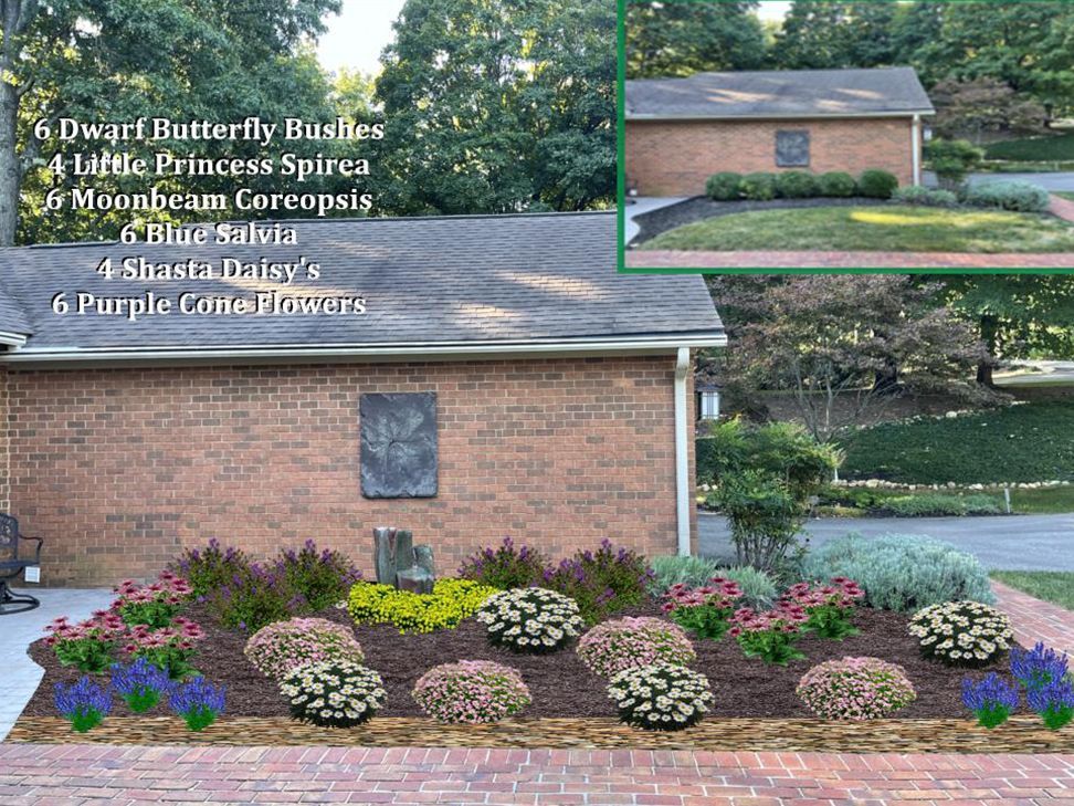 A brick house with a garden in front of it