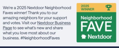 Nextdoor Neighborhood Faves winner badge. Green square with 