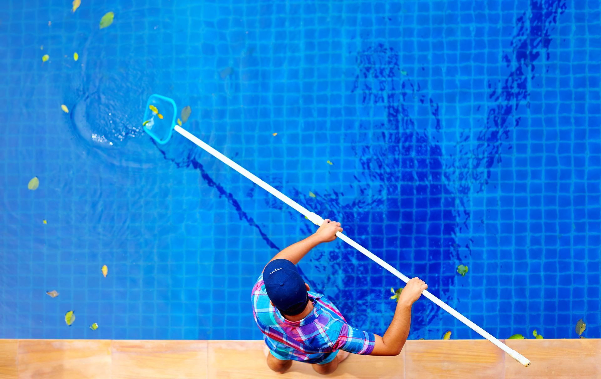Person cleaning a blue tiled pool with a long pole, viewed from above