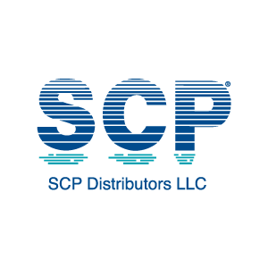 SCP Distributors LLC logo in blue with horizontal stripe design