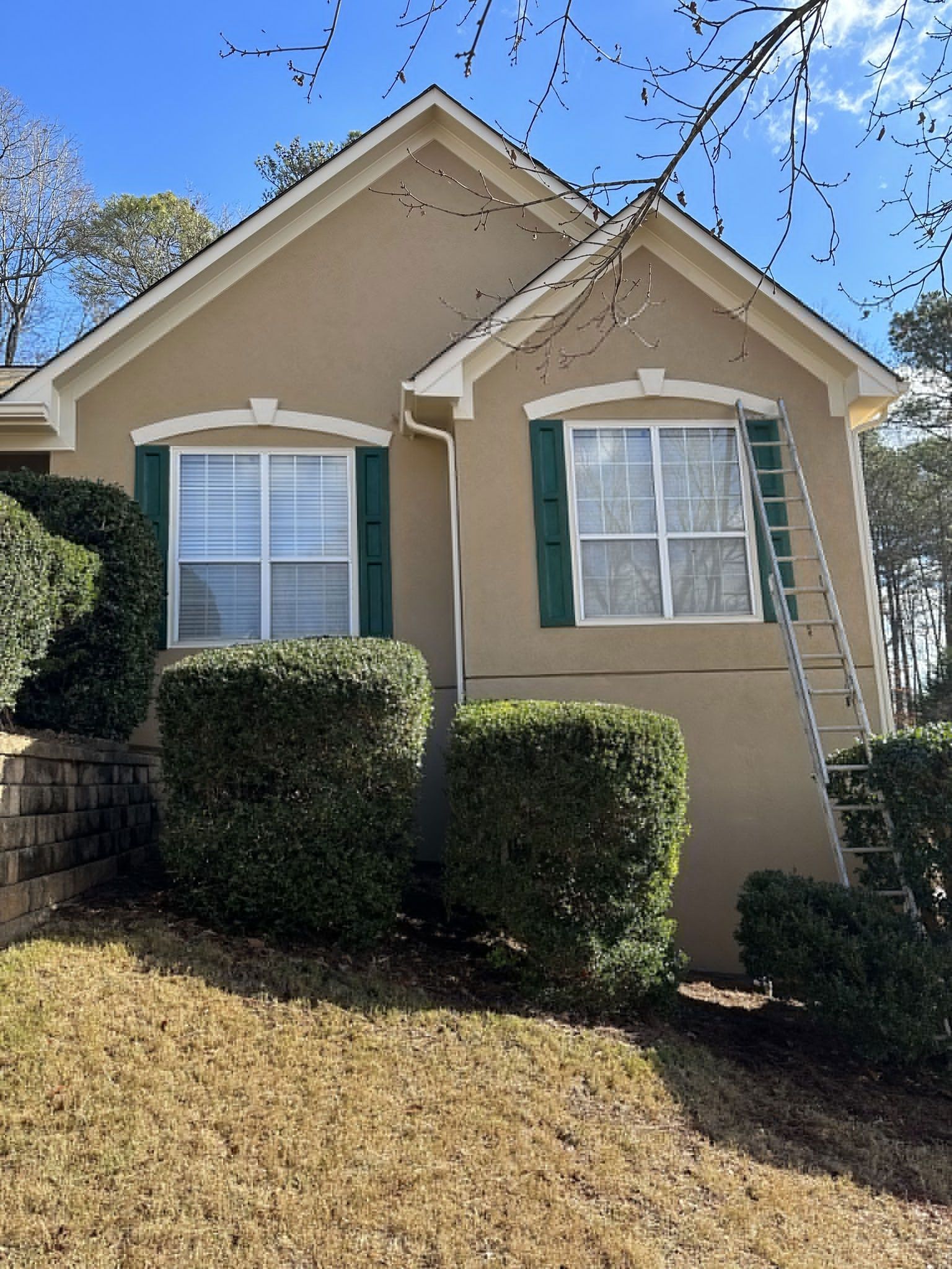 A house with a ladder on the side of it is being painted.