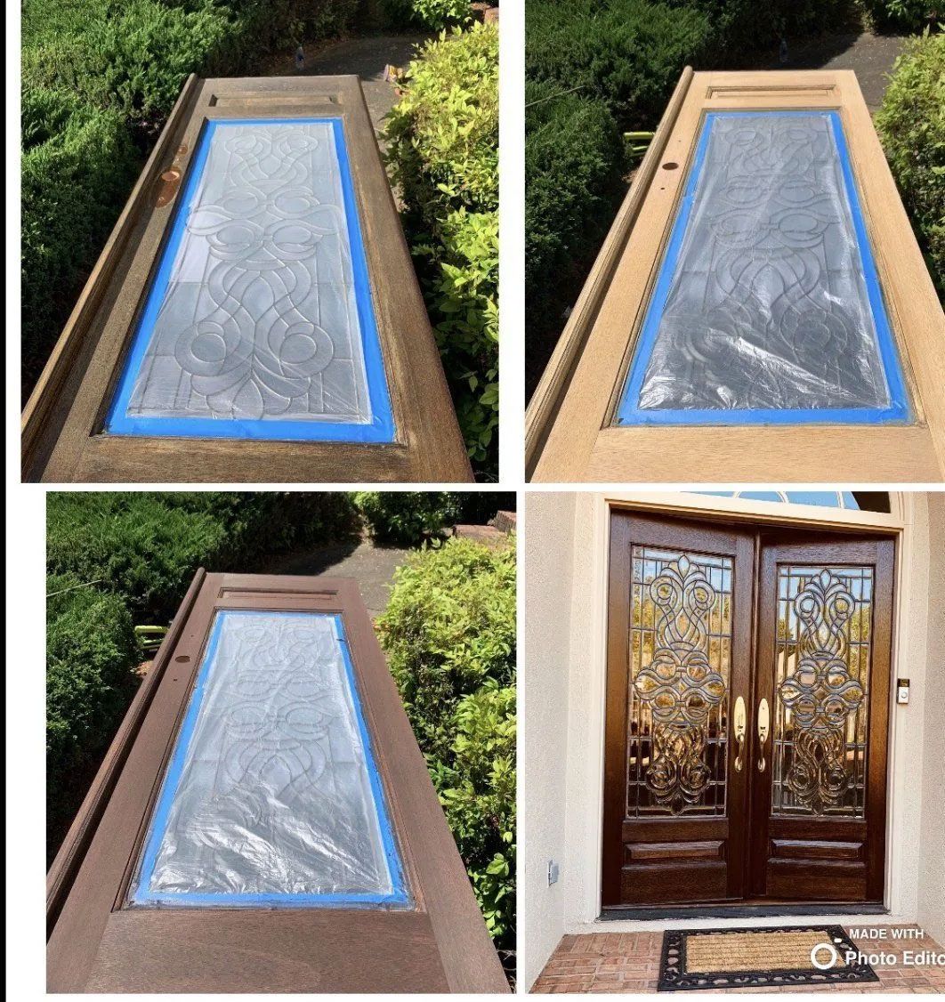 A collage of four pictures of a door with blue tape on it