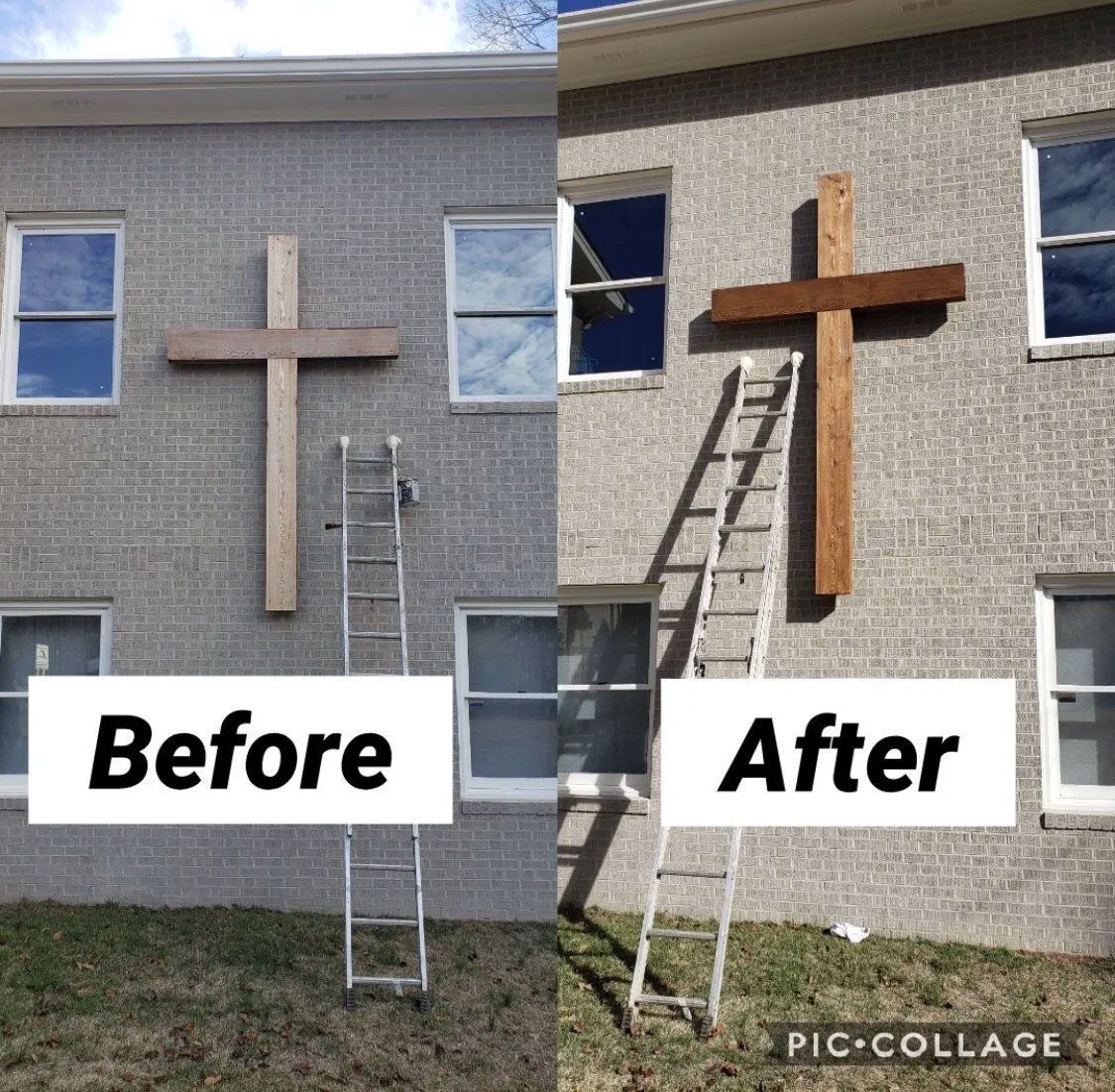A before and after picture of a cross on a building