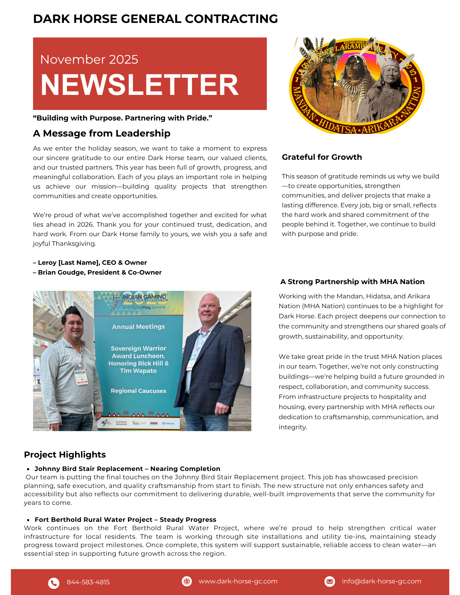 November 2025 newsletter from Dark Horse General Contracting featuring leadership, project updates, and company branding.