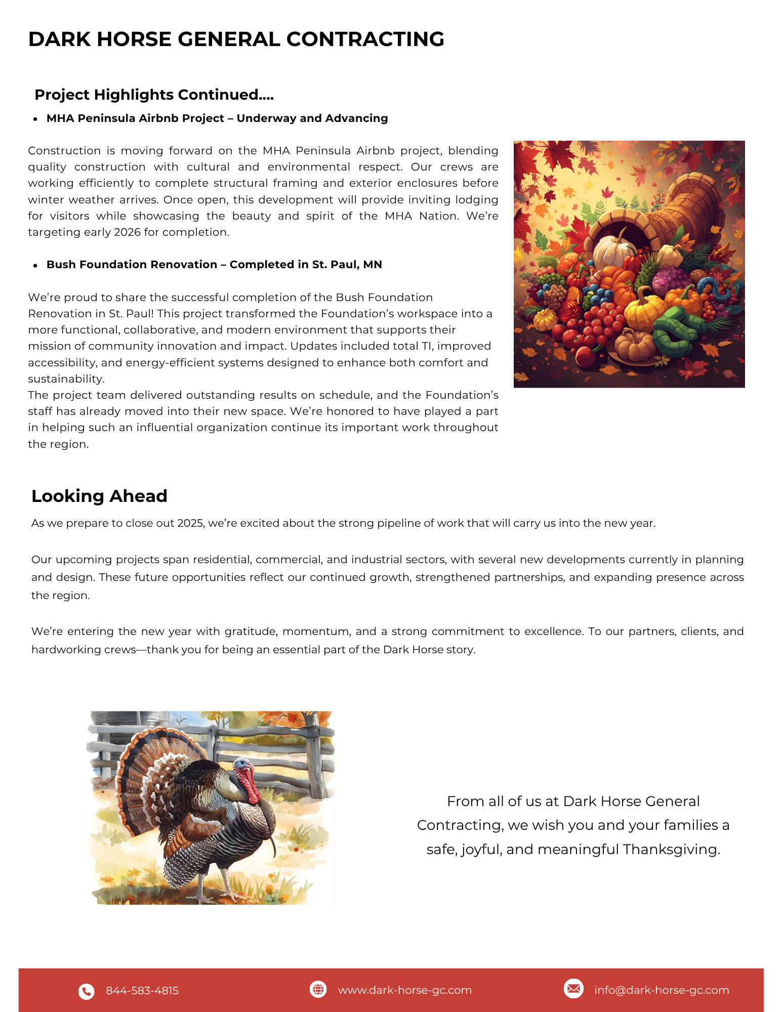 A cornucopia filled with colorful harvest fruits and vegetables, and a turkey standing in a field.