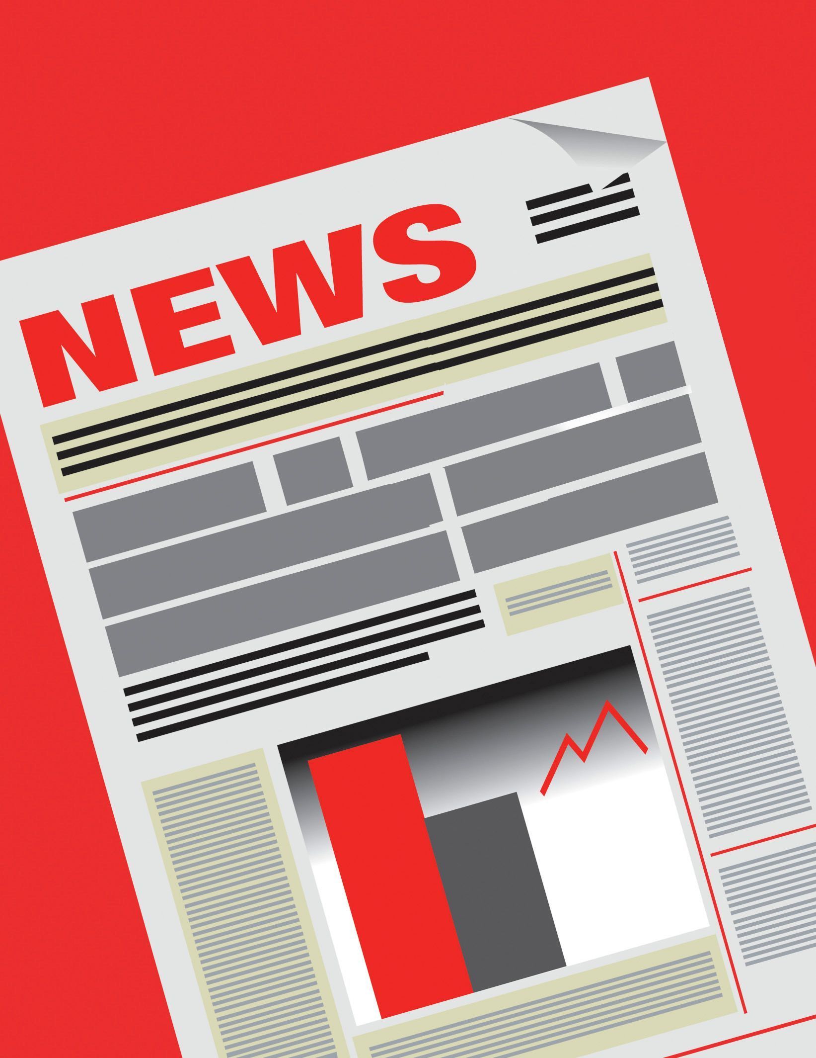 A stylized newspaper icon on a red background featuring a headline, columns of text, and a chart showing a red line trend.