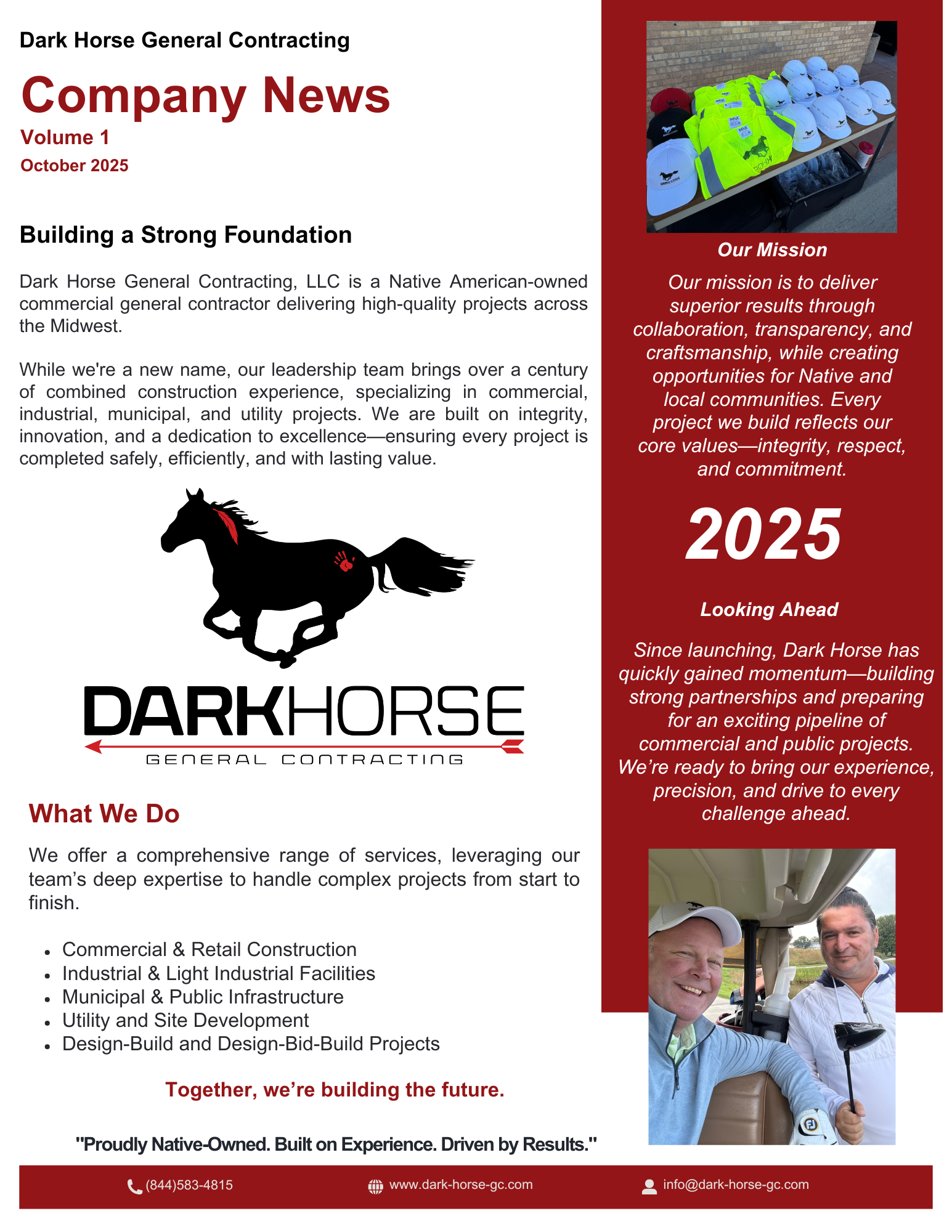 A newsletter for Dark Horse Contracting, featuring the company logo, a project list, and two photos of team members.