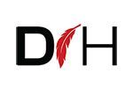 The letters "D" and "H" in black, separated by a stylized red feather positioned diagonally between them.
